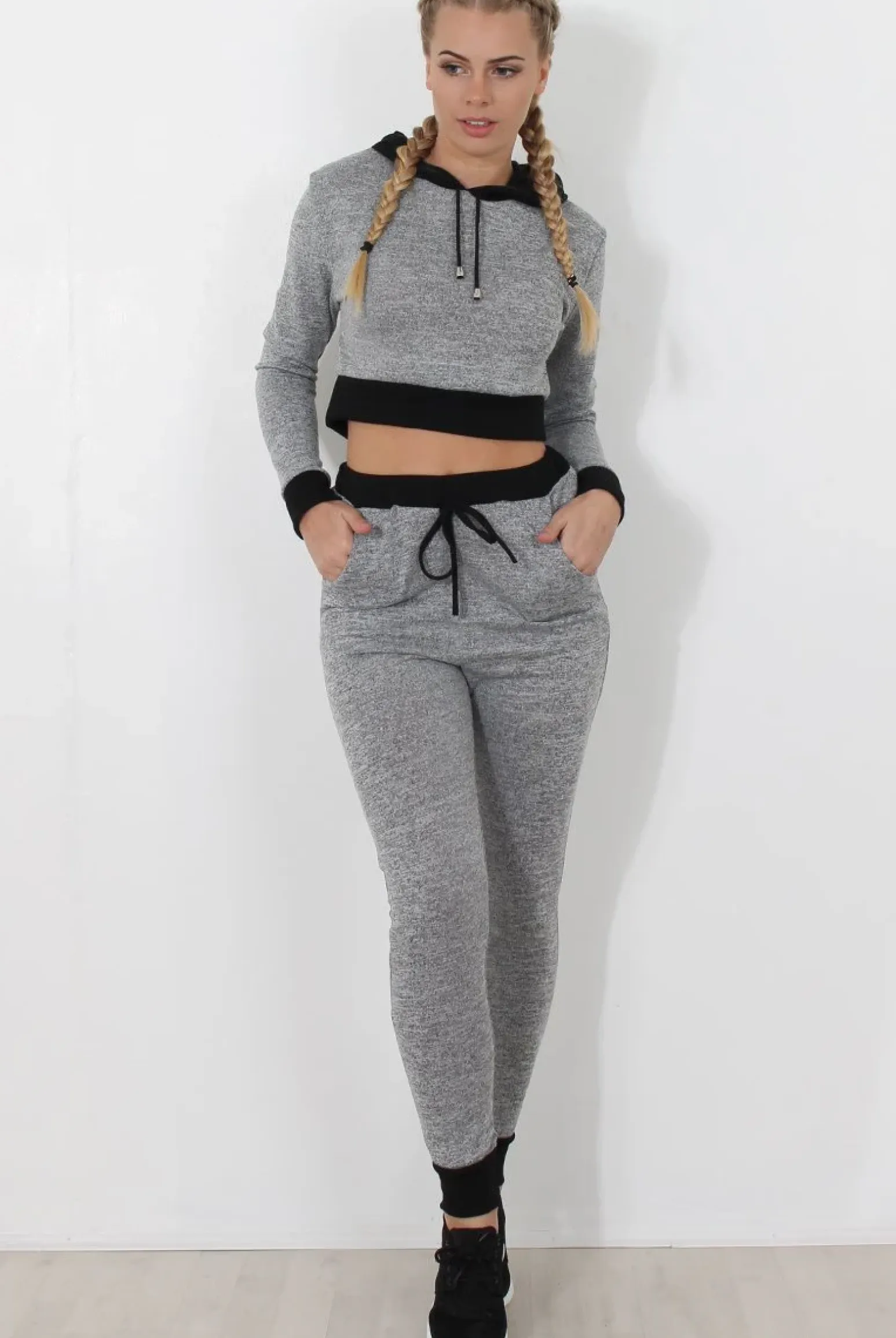 Rebellious Fashion Grey Cropped Hooded Loungewear set- Milani