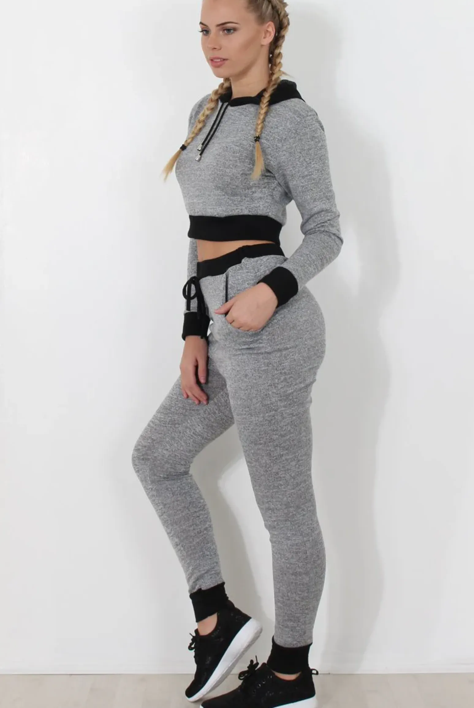 Rebellious Fashion Grey Cropped Hooded Loungewear set- Milani