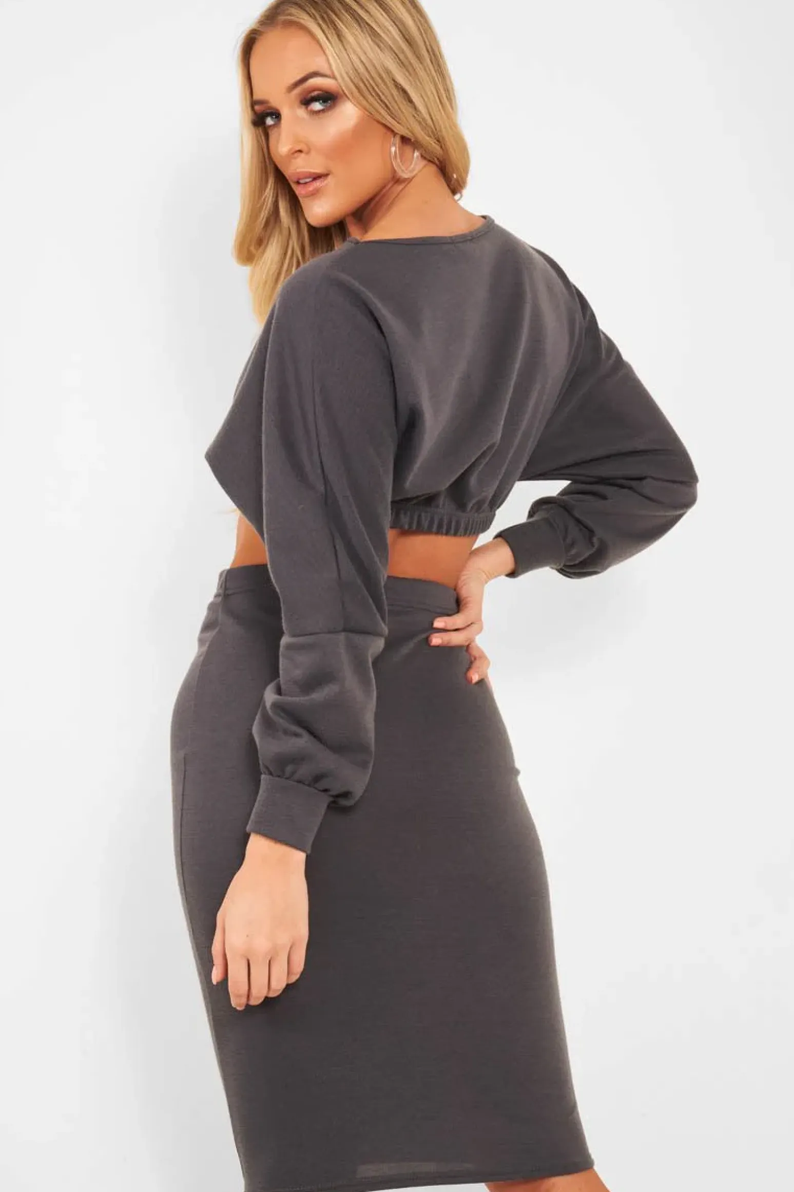 Rebellious Fashion Grey Cropped Jumper and Skirt Co-ord - Heidi