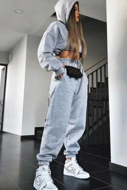 Rebellious Fashion Grey Cropped Oversized Hoodie and Joggers Co-ord - Karenza