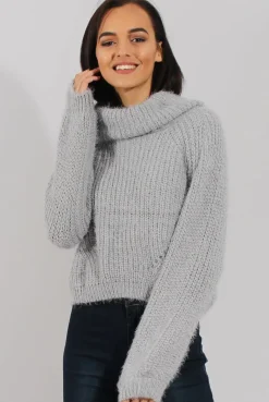 Rebellious Fashion Grey Cropped Roll Neck Jumper - Sophia
