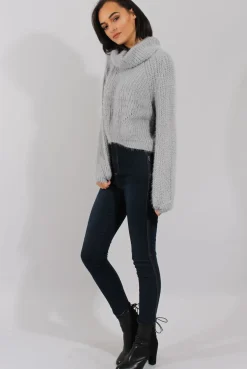 Rebellious Fashion Grey Cropped Roll Neck Jumper - Sophia