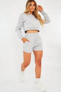 Rebellious Fashion Grey Cropped Sweatshirt + Shorts Lounge Co-ord - Timara