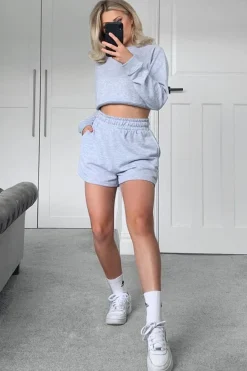 Rebellious Fashion Grey Cropped Sweatshirt + Shorts Lounge Co-ord - Timara