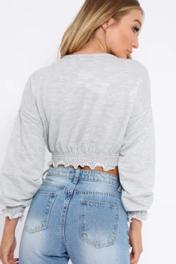 Rebellious Fashion Grey Cropped Sweatshirt with Shirred Elasticated Hems - Lillie