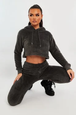 Rebellious Fashion Grey Cropped Teddy Hoodie - Amyia