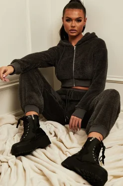 Rebellious Fashion Grey Cropped Teddy Zip Up Hoodie - Cheryl