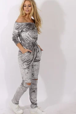 Rebellious Fashion Grey Crushed Velvet Bardot Split Knee Jumpsuit - Binky