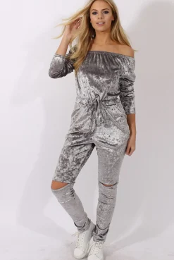 Rebellious Fashion Grey Crushed Velvet Bardot Split Knee Jumpsuit - Binky