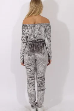 Rebellious Fashion Grey Crushed Velvet Bardot Split Knee Jumpsuit - Binky