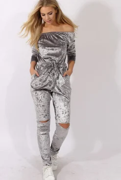 Rebellious Fashion Grey Crushed Velvet Bardot Split Knee Jumpsuit - Binky