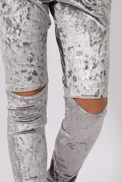 Rebellious Fashion Grey Crushed Velvet Bardot Split Knee Jumpsuit - Binky