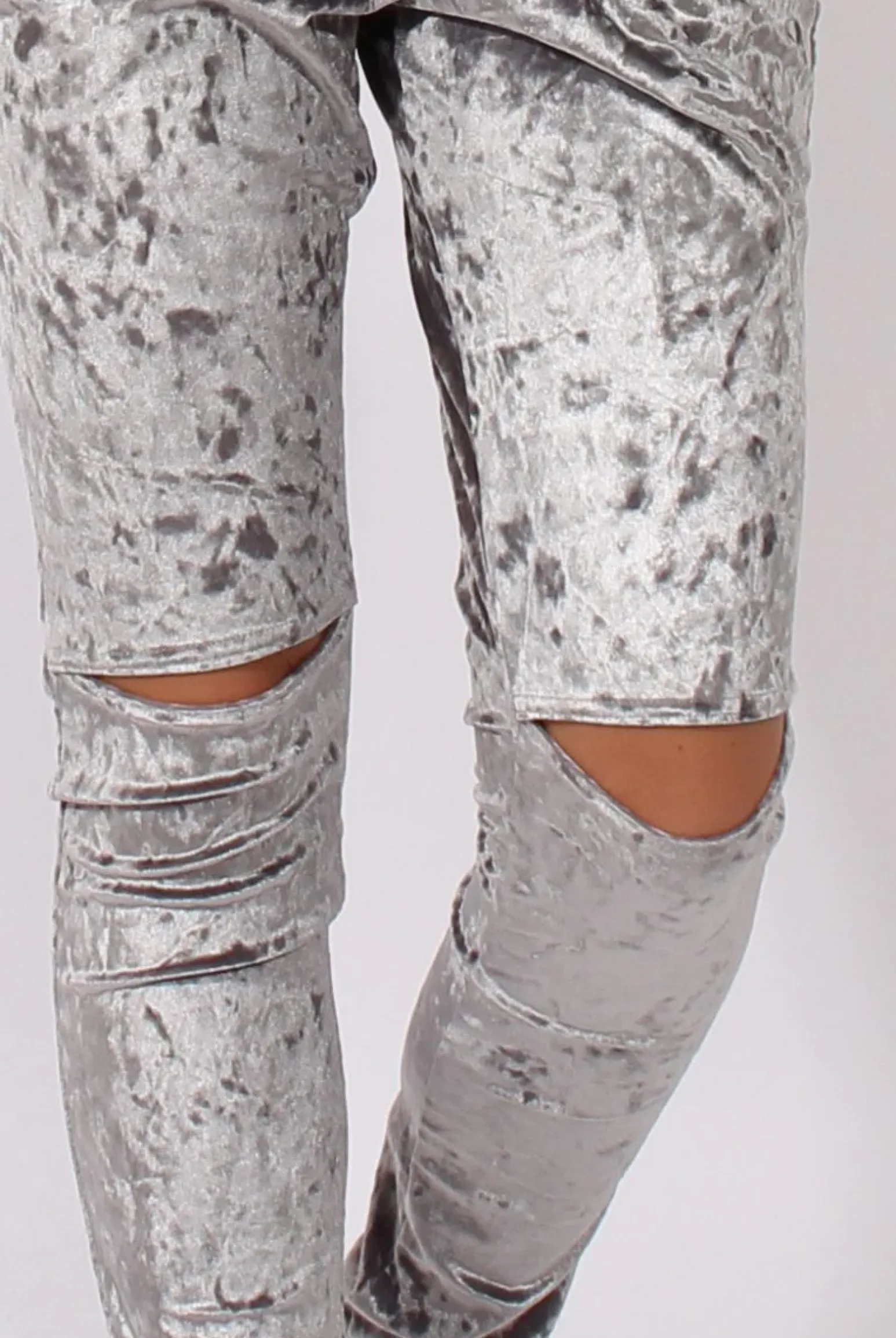 Rebellious Fashion Grey Crushed Velvet Bardot Split Knee Jumpsuit - Binky