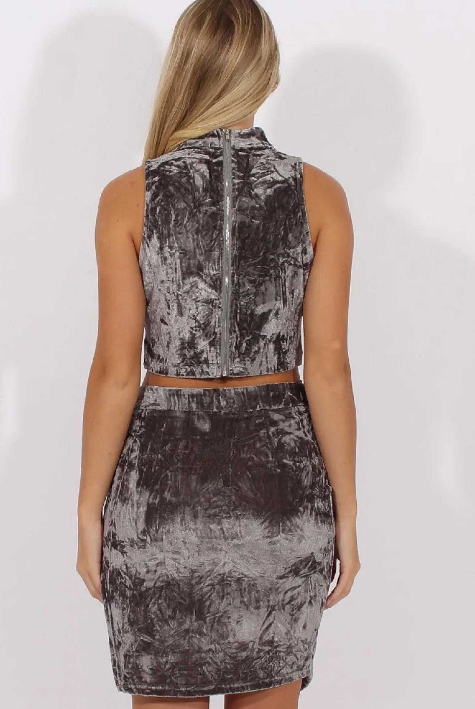 Rebellious Fashion Grey Crushed Velvet High Neck Cut Out Co-ord - Melanie