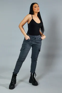 Rebellious Fashion Grey Cuffed Hem Cargo Trousers - Rain