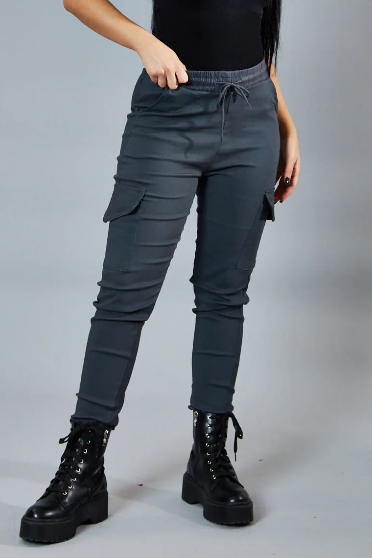 Rebellious Fashion Grey Cuffed Hem Cargo Trousers - Rain