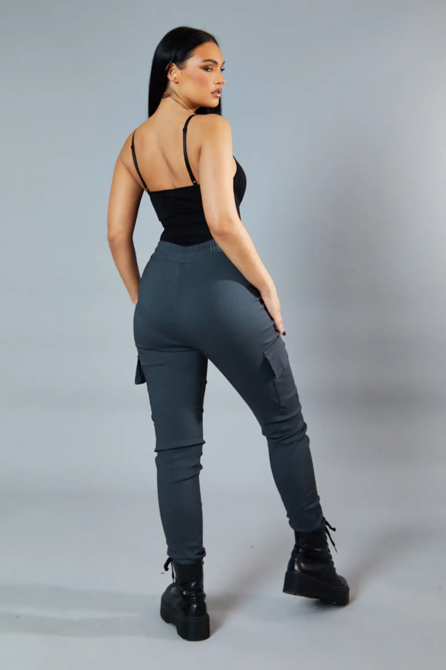 Rebellious Fashion Grey Cuffed Hem Cargo Trousers - Rain