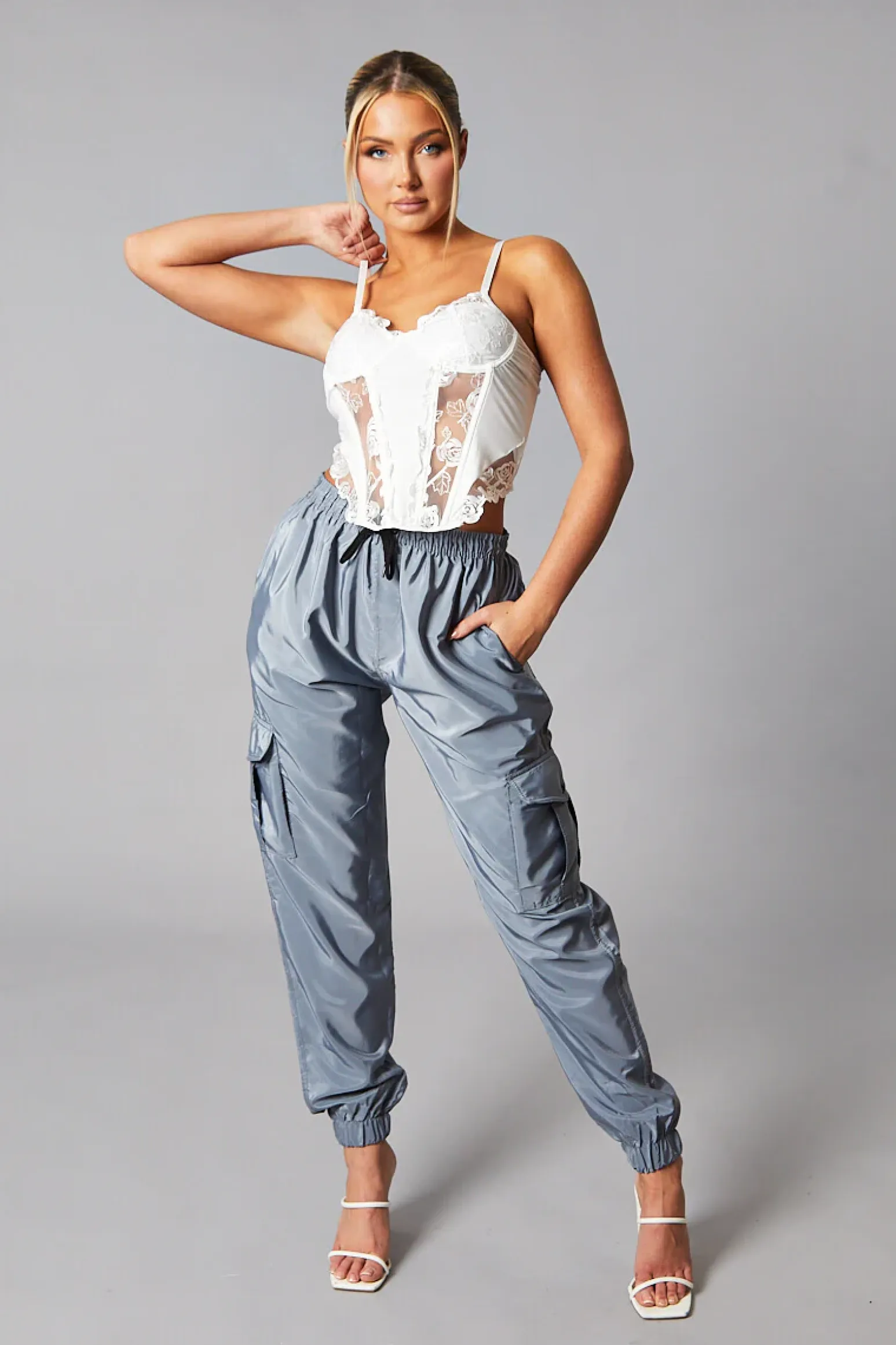 Rebellious Fashion Grey Cuffed Hem Shell Cargo Joggers - Iris