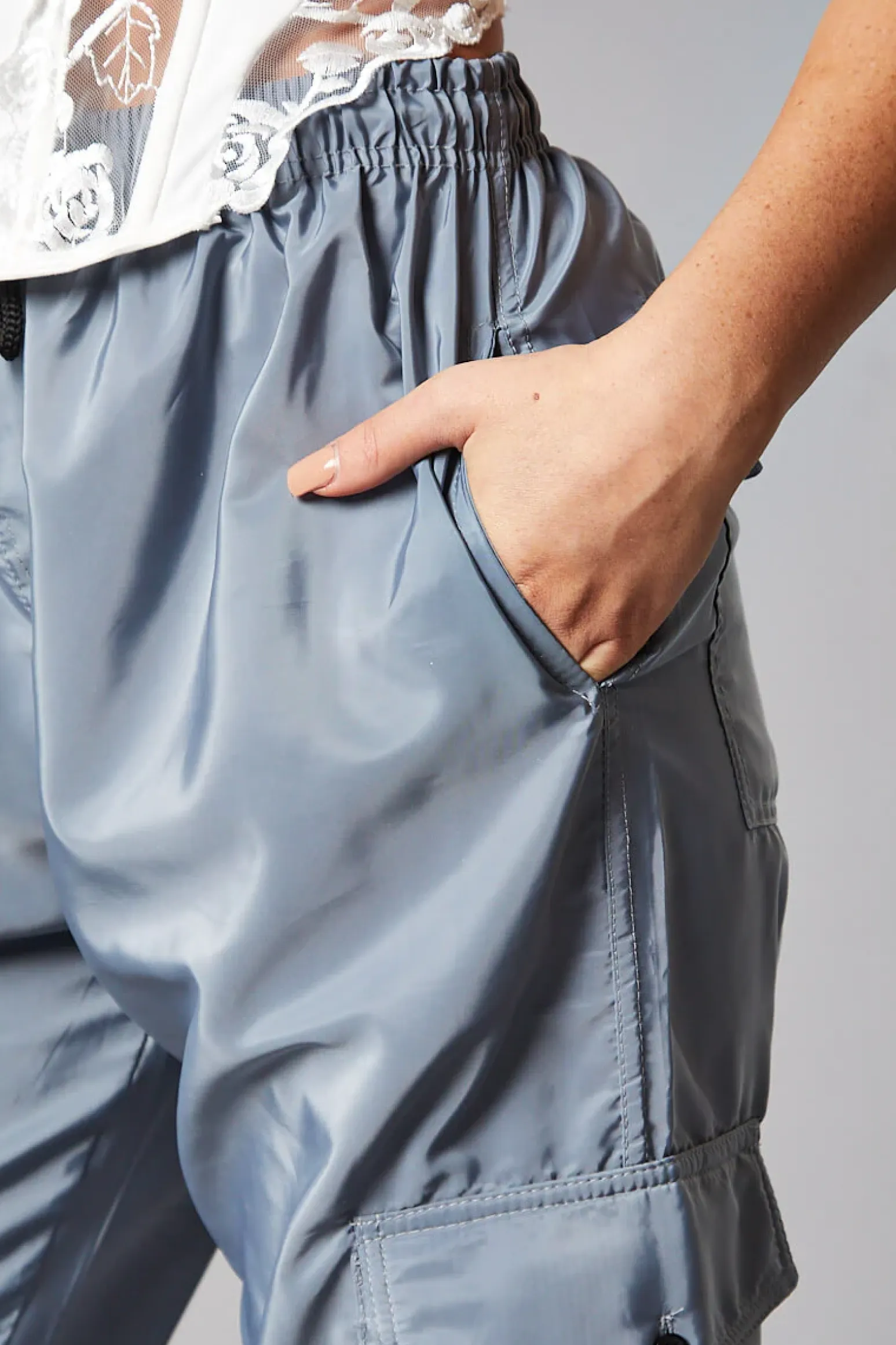 Rebellious Fashion Grey Cuffed Hem Shell Cargo Joggers - Iris