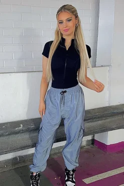Rebellious Fashion Grey Cuffed Hem Shell Cargo Joggers - Iris