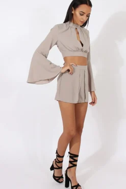 Rebellious Fashion Grey Cut Out Bell Sleeve Co-ord - Leia