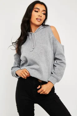 Rebellious Fashion Grey Cut Out Shoulder Hoodie - Harlow