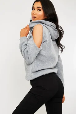 Rebellious Fashion Grey Cut Out Shoulder Hoodie - Harlow