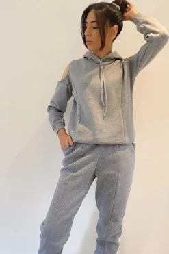 Rebellious Fashion Grey Cut Out Shoulder Hoodie - Harlow