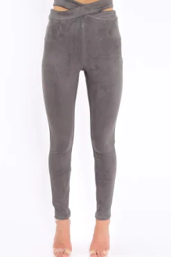 Rebellious Fashion Grey Cut Out Waist Suede Leggings - Anala