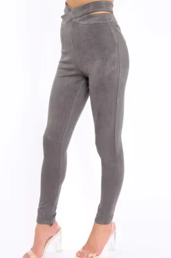 Rebellious Fashion Grey Cut Out Waist Suede Leggings - Anala