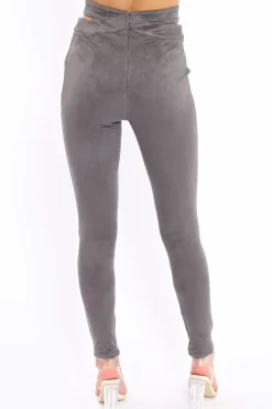 Rebellious Fashion Grey Cut Out Waist Suede Leggings - Anala