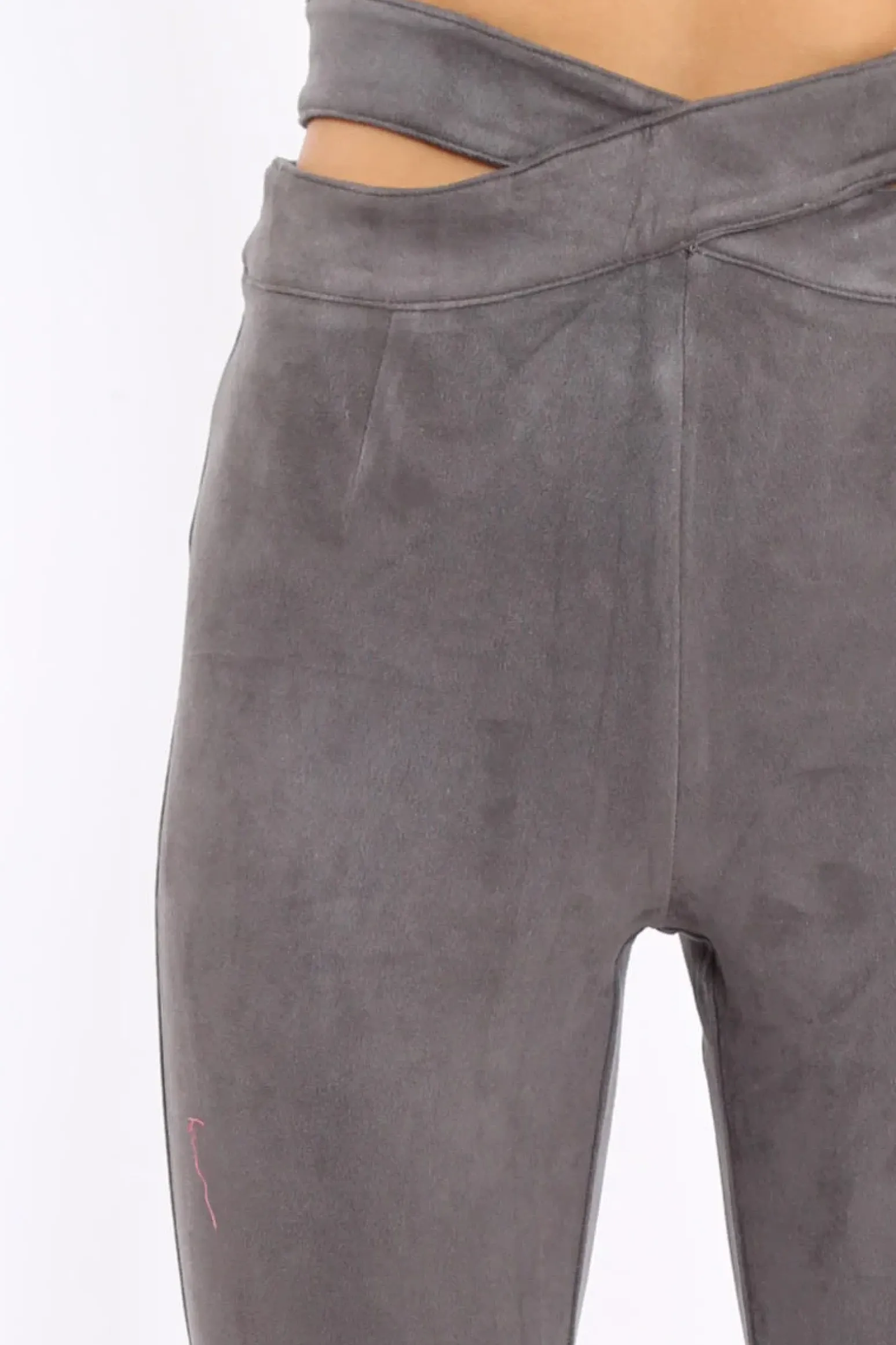 Rebellious Fashion Grey Cut Out Waist Suede Leggings - Anala