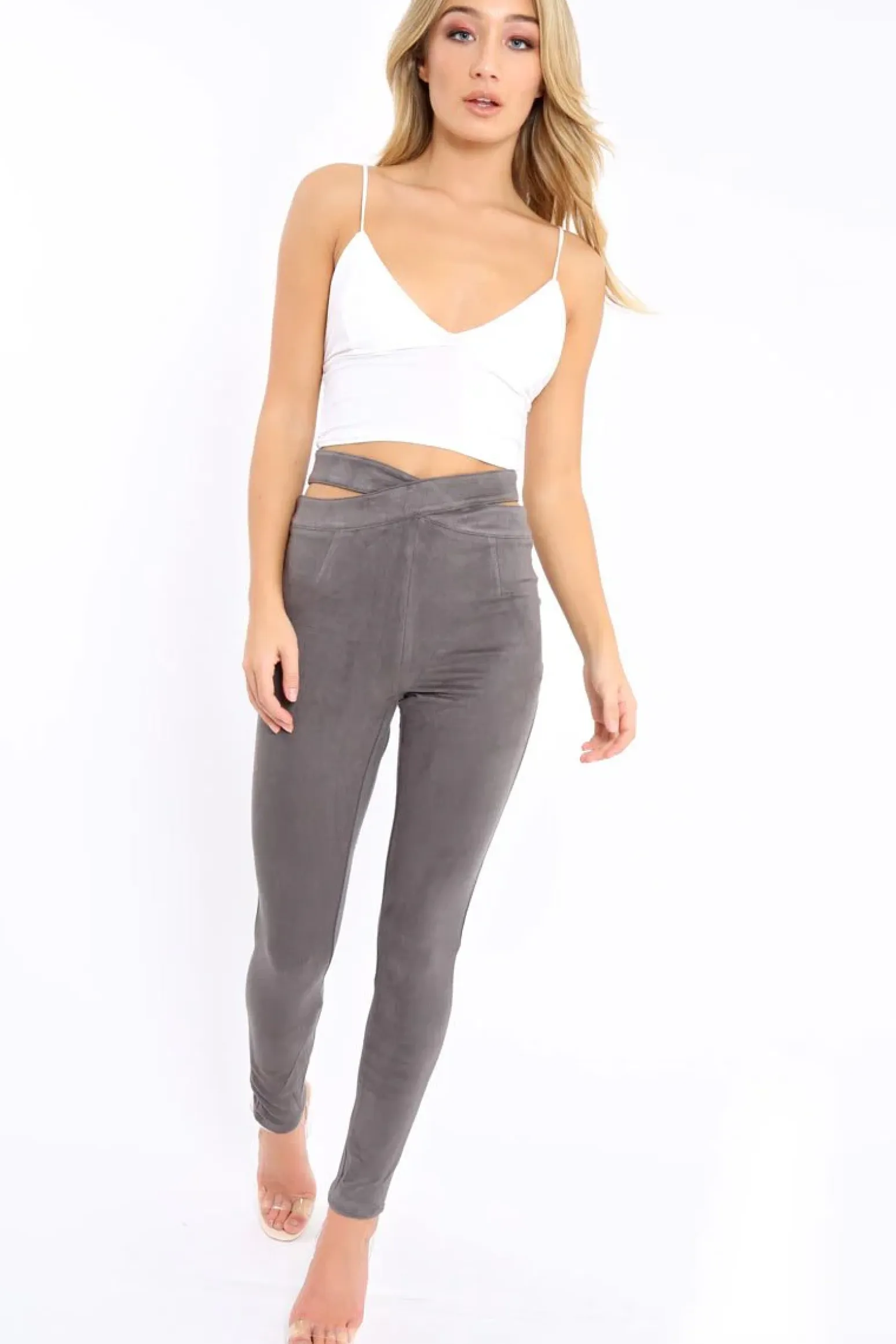 Rebellious Fashion Grey Cut Out Waist Suede Leggings - Anala