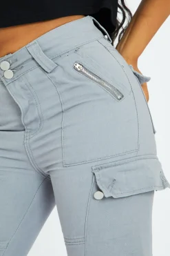 Rebellious Fashion Grey Denim Cargo Trousers - Aileen