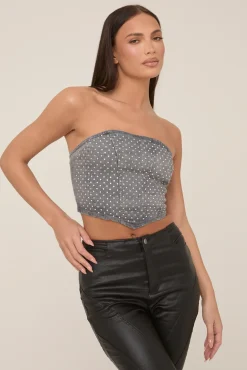 Rebellious Fashion Grey Denim Diamante Embellished Corset Top - Flora