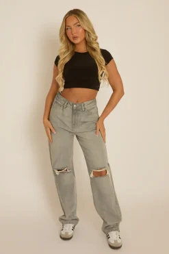 Rebellious Fashion Grey Denim Distressed Knee Extra Long Jeans - Ivelisse