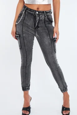 Rebellious Fashion Grey Denim Look Chain Detail Stretch Cargo Trousers - Nellie