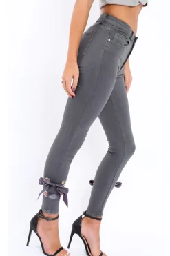 Rebellious Fashion Grey Denim Side Bow Skinny Jeans - Emilia