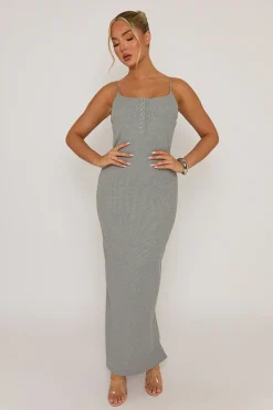 Rebellious Fashion Grey Diamante Button Rib Midaxi Dress - Nera