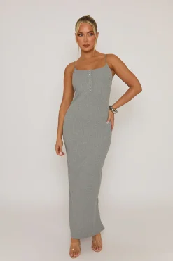 Rebellious Fashion Grey Diamante Button Rib Midaxi Dress - Nera