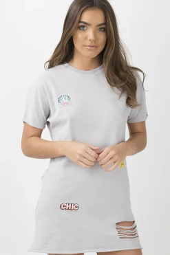 Rebellious Fashion Grey Distressed Badge Detail T Shirt Dress - Kalani