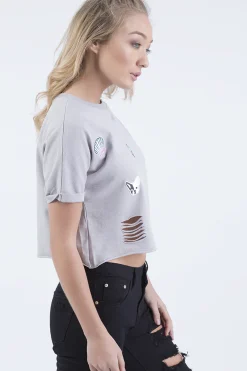 Rebellious Fashion Grey Distressed Badge Detail Crop Top - Toni
