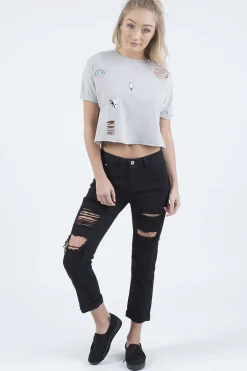 Rebellious Fashion Grey Distressed Badge Detail Crop Top - Toni