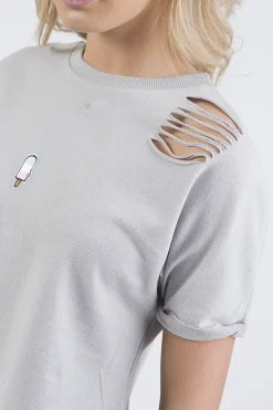 Rebellious Fashion Grey Distressed Badge Detail Crop Top - Toni
