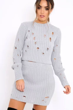 Rebellious Fashion Grey Distressed Cable Knit Co-ord - Dayla