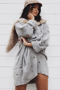 Rebellious Fashion Grey Distressed Cable Knit Jumper Dress - Abea