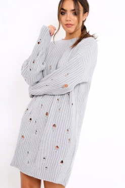 Rebellious Fashion Grey Distressed Cable Knit Jumper Dress - Abea
