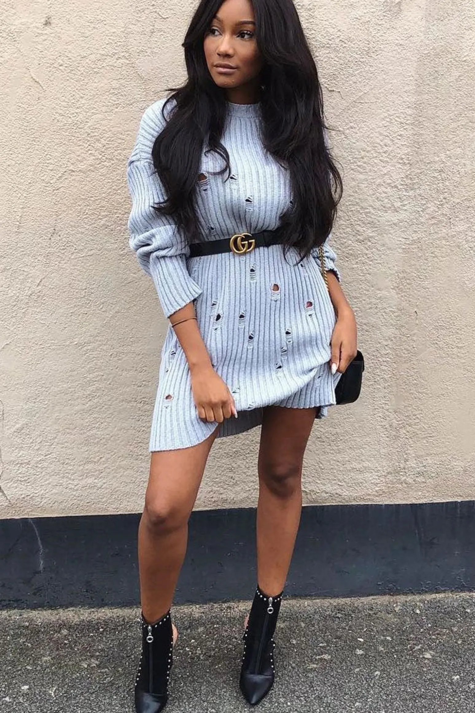 Rebellious Fashion Grey Distressed Cable Knit Jumper Dress - Abea