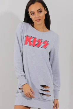 Rebellious Fashion Grey Distressed Kiss Jumper Dress - Ferne