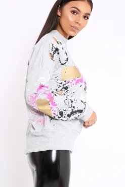 Rebellious Fashion Grey Distressed Paint Splatter Jumper - Mina